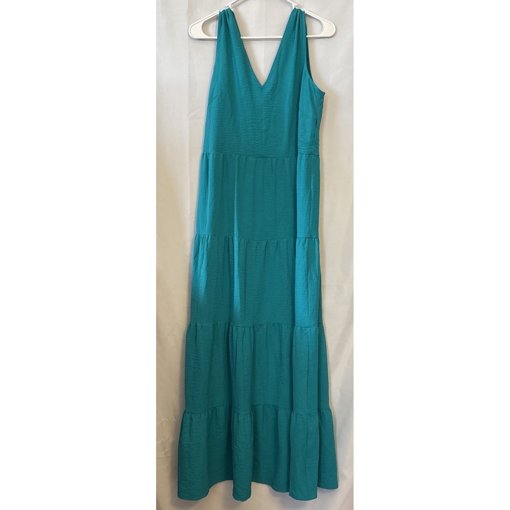 Women's DKNY Maxi Dress Sleeveless A-Line Tiered Peasant Dress 10 Turquoise NWOT